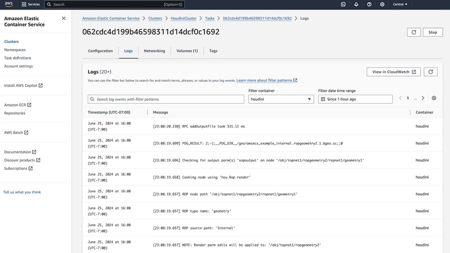 A sample log for an AWS ECS worker running a ROP Geometry operation.