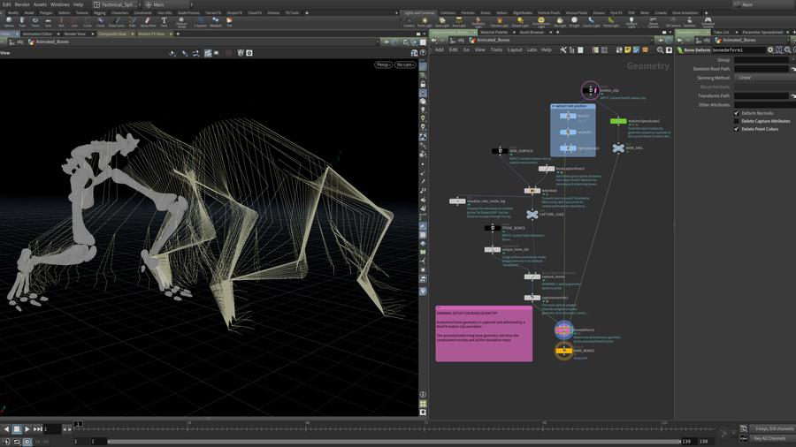 Animated Bones KineFX rig using static Bones being driven by KineFX using Motion Clip into Bone Deform. These cached animated bones are used to drive all the simulation in the Muscle/Tissue/Skin template.