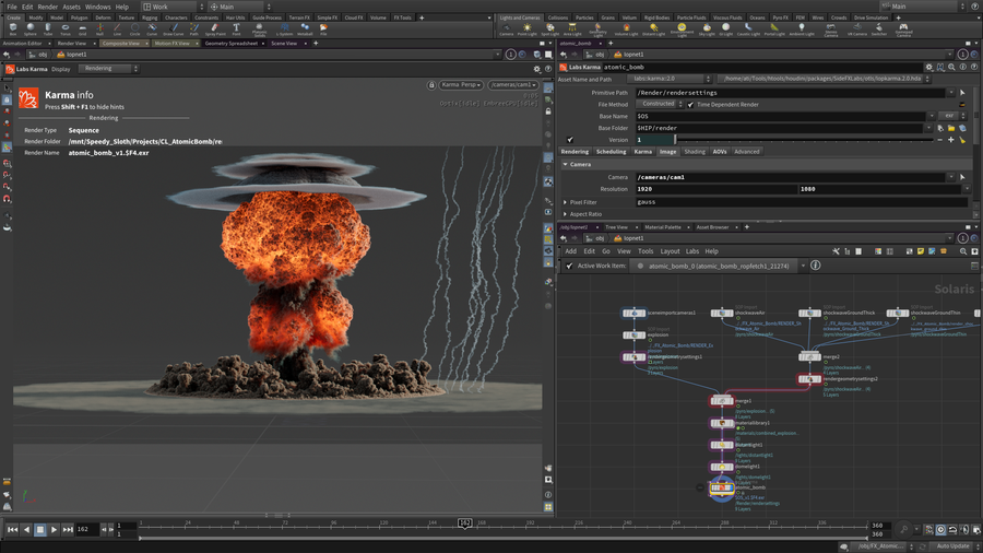 Preview of the LOP network rendering with all the FX components on frame 162