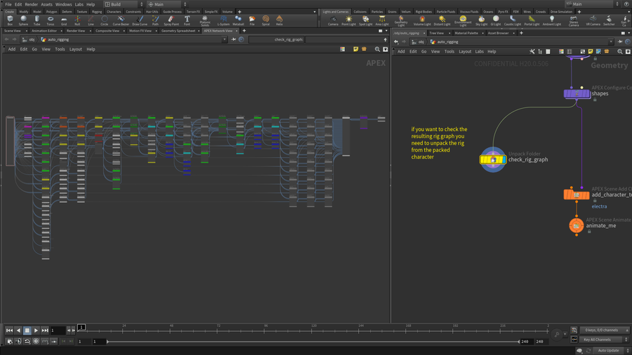 If you want to check the resulting APEX rig graph you need to unpack the rig from the packed character