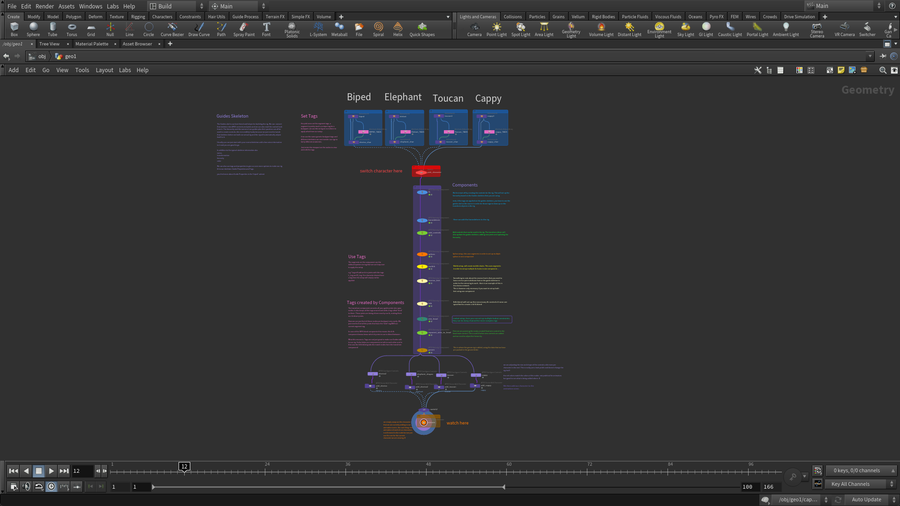 In the network you can see how all the rigs use the same rig component nodes.