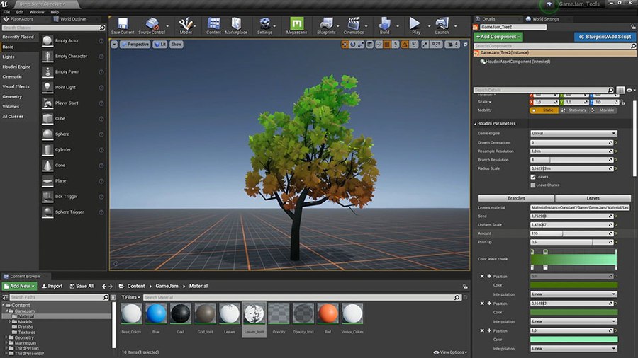 With this tree tool, you can set up different kinds of simple trees for use in your game. You control the tree's shape using a curve and can set up a simple canopy or instanced leaves.