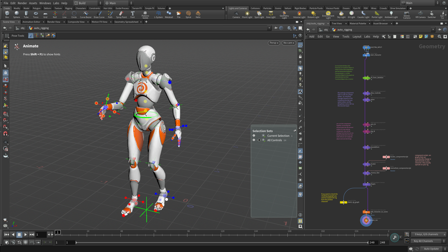 At the geometry level, various APEX component nodes are strung together to build up Electra's rig.