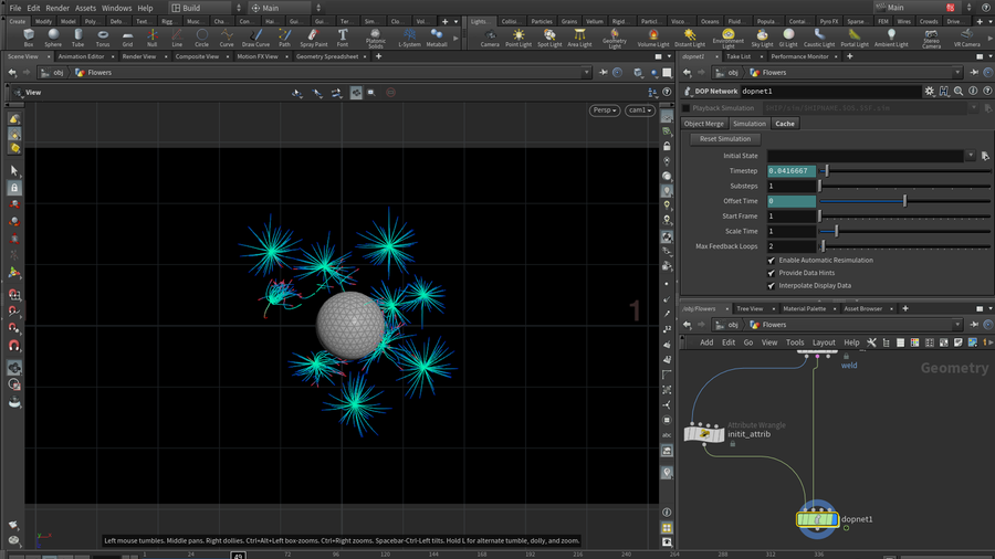 This setup uses the vellum solver to simulate the flowers.