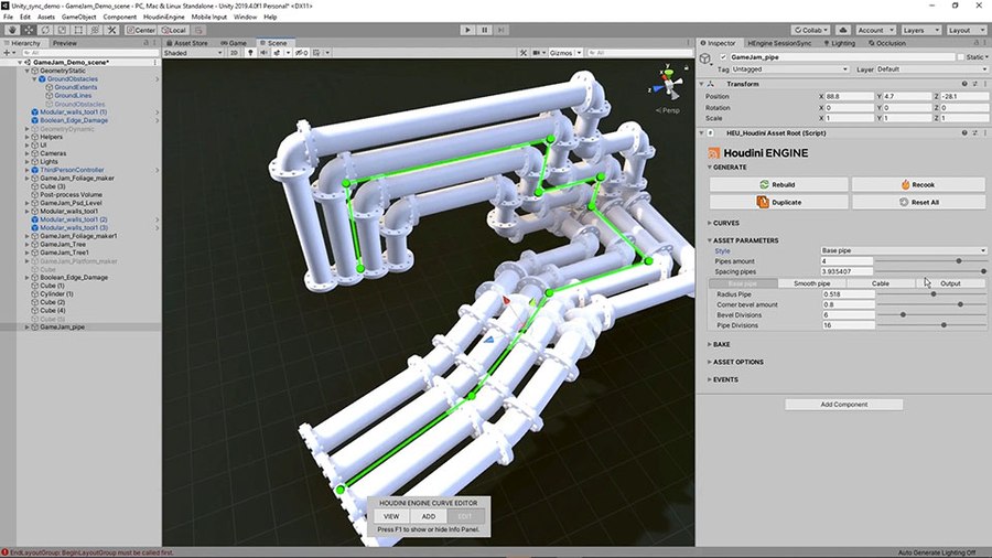 Quickly create pipes or cables for your level using a control curve to drive the shape. You can have a single pipe or multiple pipes drawn along the curve depending on the look you want for your level.