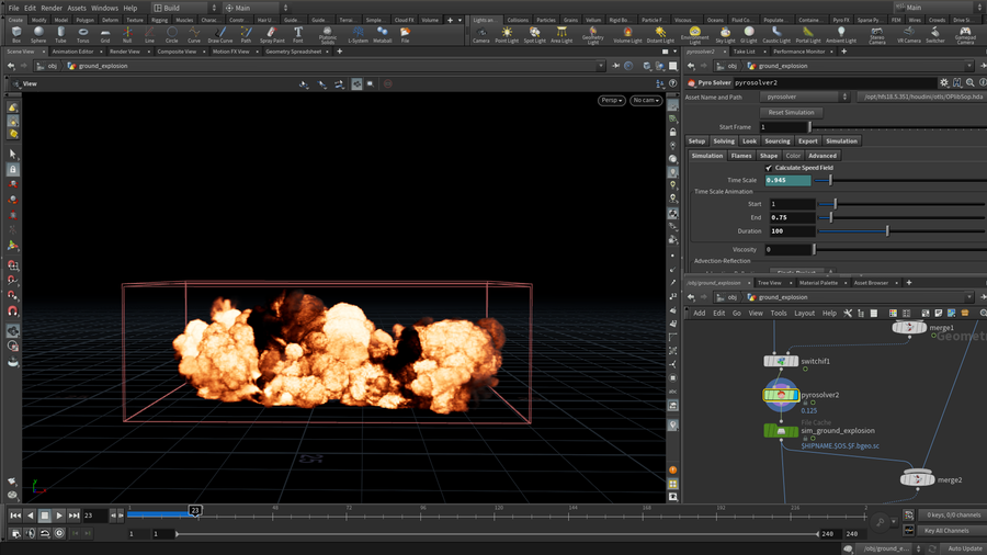 The file includes a customised pyro setup to showcare how to achieve a artist-directed pyro simulation.