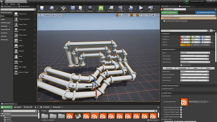 Quickly create pipes or cables for your level using a control curve to drive the shape. You can have a single pipe or multiple pipes drawn along the curve depending on the look you want for your level.