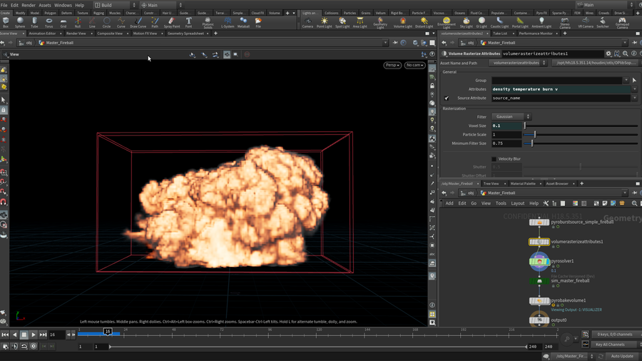 This setup uses the new Pyro Baked Volume SOP for volume shading.