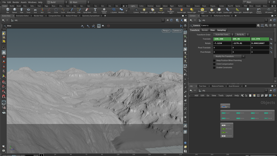 This scene uses the new terracing heightfield node to contribute to the final environment.