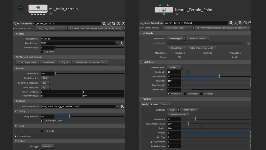 The parameters for the ML Train Terrain & Neural Terrain Paint hdas.