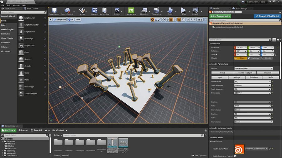 This tool lets you place multiple objects along a curve or scattered onto an object. You can control the orientation and scaling of the objects to insert some randomness into your design.