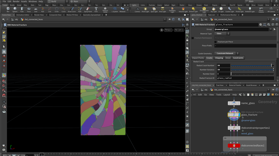 The RBD material fracture node makes it easy to create glass fracturing patterns.