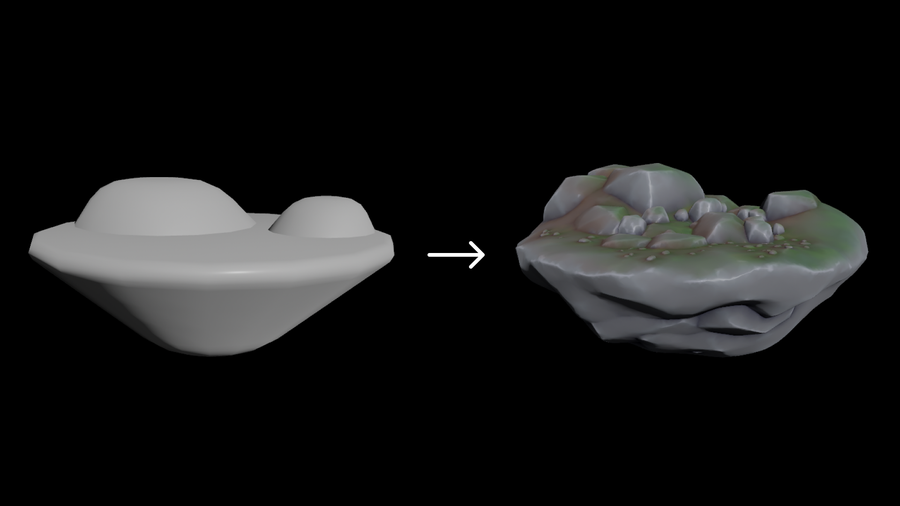 Terrain is procedurally modeled and shaded based on an input blockout.