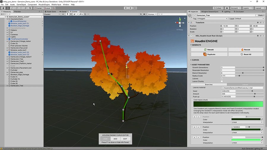 With this tree tool, you can set up different kinds of simple trees for use in your game. You control the tree's shape using a curve and can set up a simple canopy or instanced leaves.