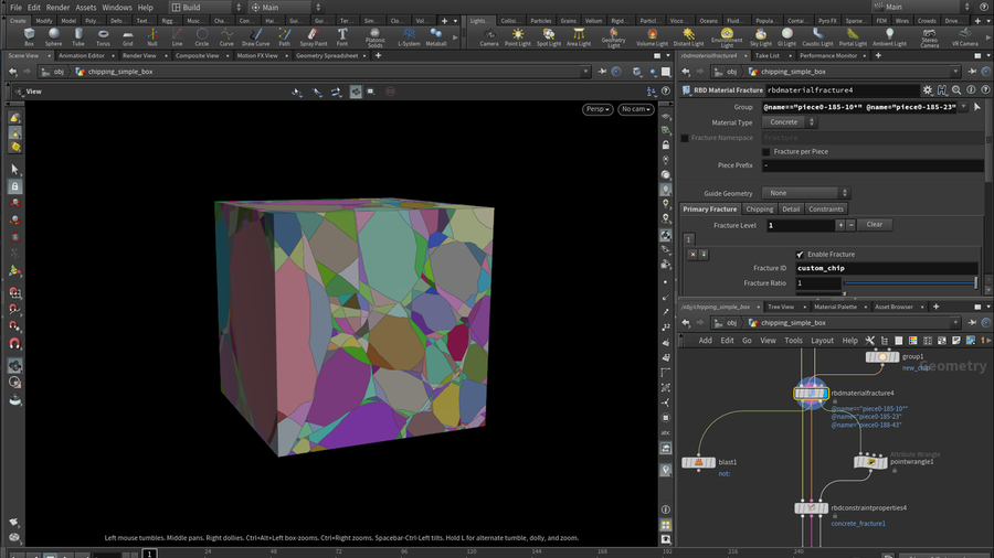 Turning on chipping on the material fracture node breaks off corners of pieces to create chips.