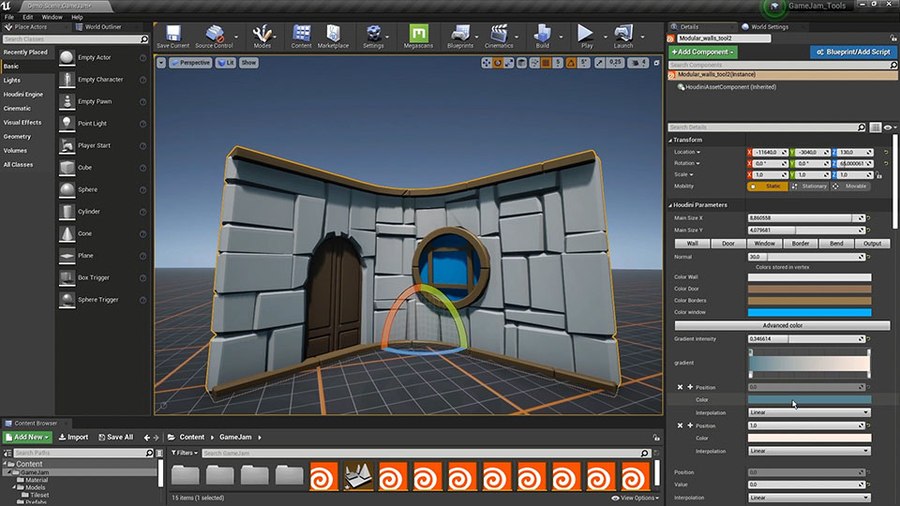 This tool creates walls with windows and doors. You have control over the size of the wall and the placements of the elements. You can also bend the wall and change its look using a border which you can shape using a ramp.