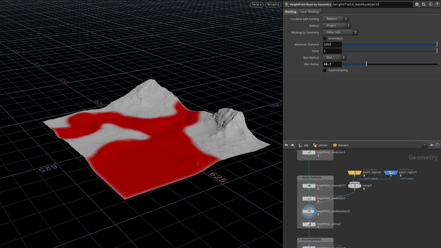 Extracted regions are used as masks to drive processes, including noise and erosion, for terrain generation.