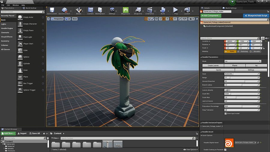 Foliage can be added to your game level as plants on the ground or attached to geometry to create vines. You have control over the shape of the leaves, how many are there and how they interact with other objects.