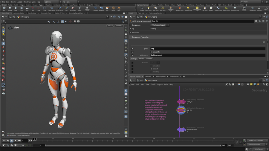 Link components together to add Kinematics using the parameter pane to hook things up.