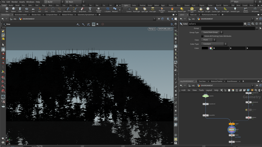 Scattering trees to acheive a orgainic look procedurally.