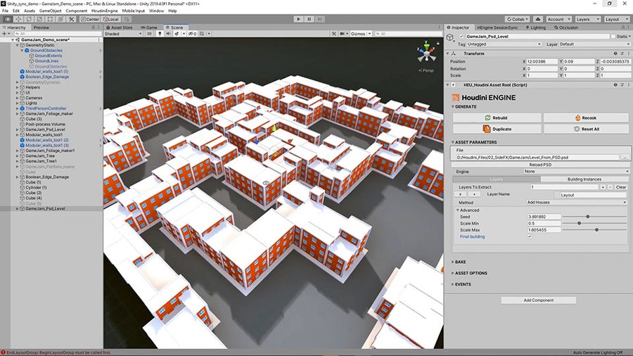 This tool lets you generate a level using a Photoshop PSD file. This creates spaces that can be populated with objects and the walls that divide the spaces can be set up with geometry to create buildings.
