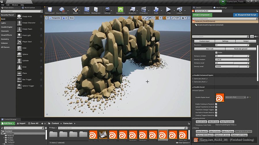 This tool lets you create rock formations to use in your game level.  You can take geometry from your editor and use that to drive the shape of the rocks and you can add smaller rocks where the formations touch the ground.