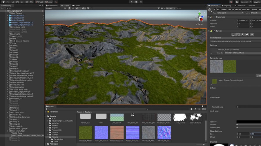 This tool lets you create different kinds of terrain using parameters such as terrain type, size and resolution. You can then input shapes to add or subtract from the terrain to sculpt the look of your landscape. You can then add noise, slump and simulate erosion to add realism to your terrain. You can then save out textures to be used to build a material for the terrain.