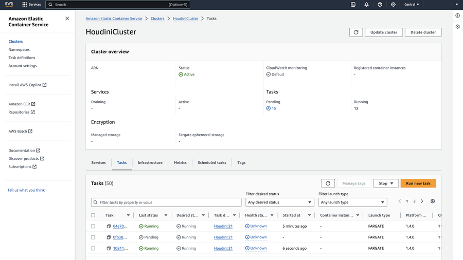 Pending or Running AWS ECS work item tasks, as seen in the AWS interface for the ECS cluster.