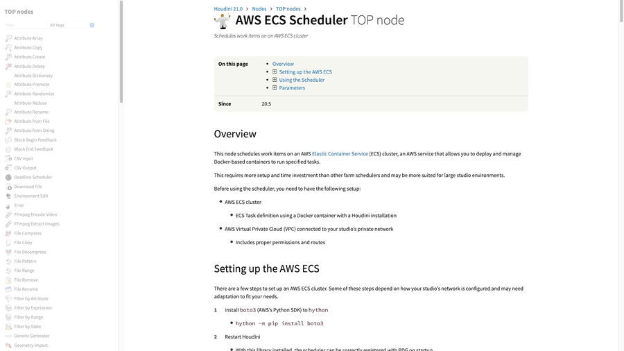 The AWS ECS Scheduler help card contains information about the parameters and instructions for setting up the cloud cluster.