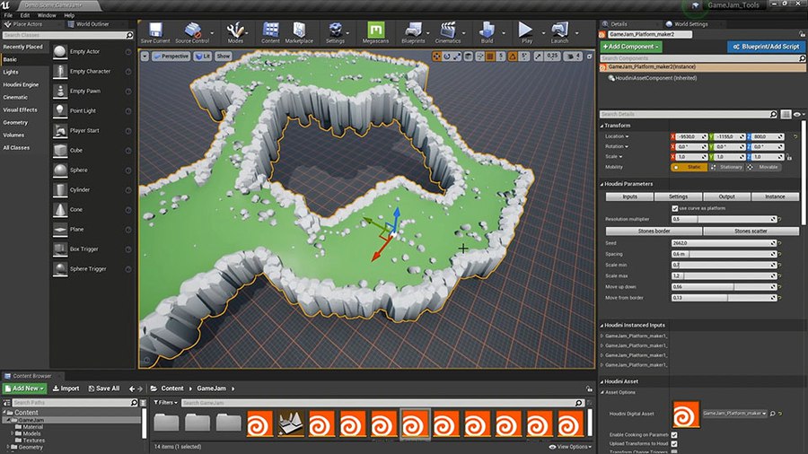 Create platforms for your game using this versatile tool. You can use shapes in your game to drive the placement of the platform or use a curve. You can add an edge to the platform and scatter some debris on its surface.