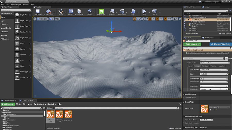 This tool lets you create different kinds of terrain using parameters such as terrain type, size and resolution. You can then input shapes to add or subtract from the terrain to sculpt the look of your landscape. You can then add noise, slump and simulate erosion to add realism to your terrain. You can then save out textures to be used to build a material for the terrain.