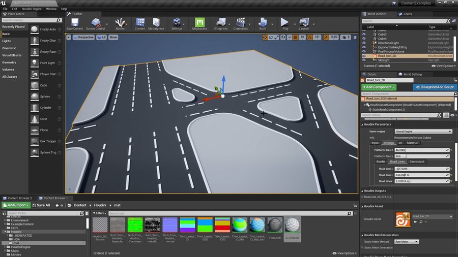 This tool lets you generate a road system using shapes in UE4 to define the placement of the roads. You can then control the curbs, roads lines and platform size. You can also set up UVS and inputs for adding materials to the system.