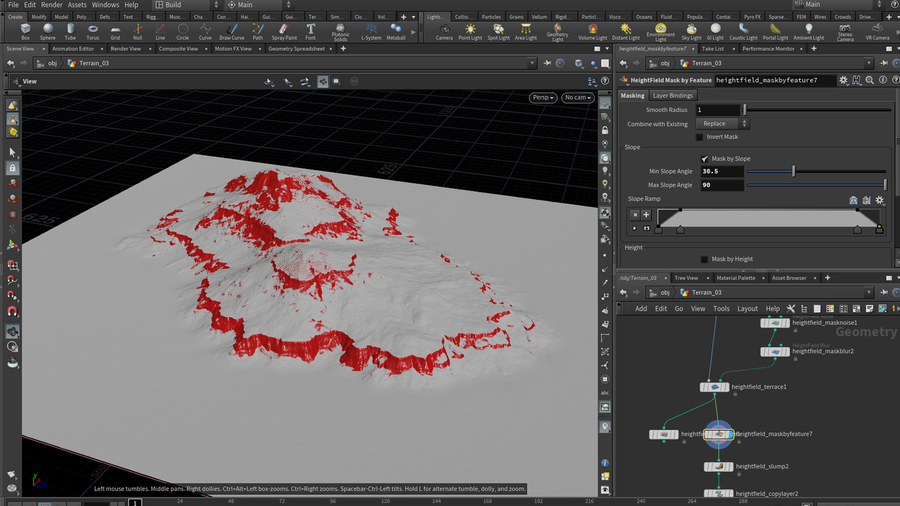 This setup uses different heightfield nodes to generate unique terrains.