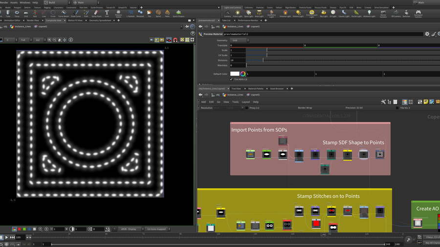 Import geometry from SOPs, Copy SDF shapes on to points using the Stamp node