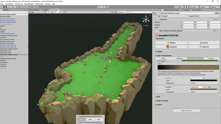 Create platforms for your game using this versatile tool. You can use shapes in your game to drive the placement of the platform or use a curve. You can add an edge to the platform and scatter some debris on its surface.
