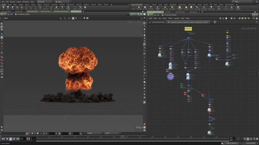 Preview of the viewport and a SOP level network for all FX components