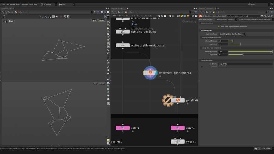 Settlement Connections generates connections between points of interest based on angle and distance calculations.