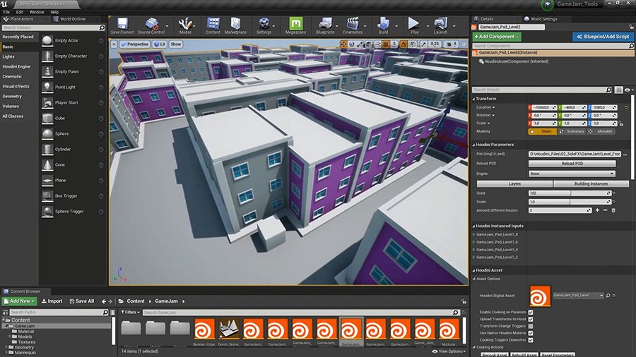 This tool lets you generate a level using a Photoshop PSD file. This creates spaces that can be populated with objects and the walls that divide the spaces can be set up with geometry to create buildings.