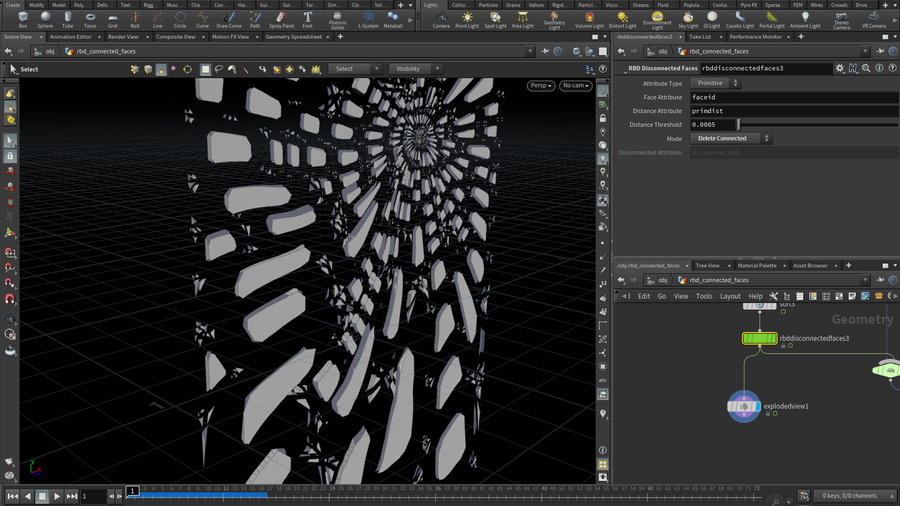 The RBD Disconnected Faces node lets you deselect faces using their face attribute which can be created using the  RBD Connected Faces Node.