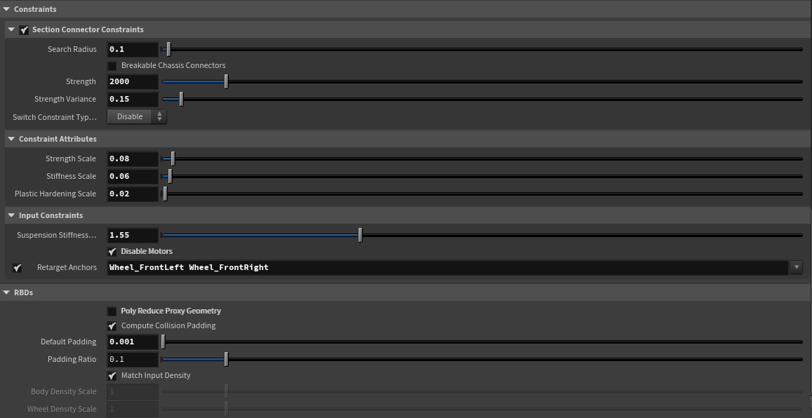 The Constraints parameters present on the RBD Car Fracture SOP